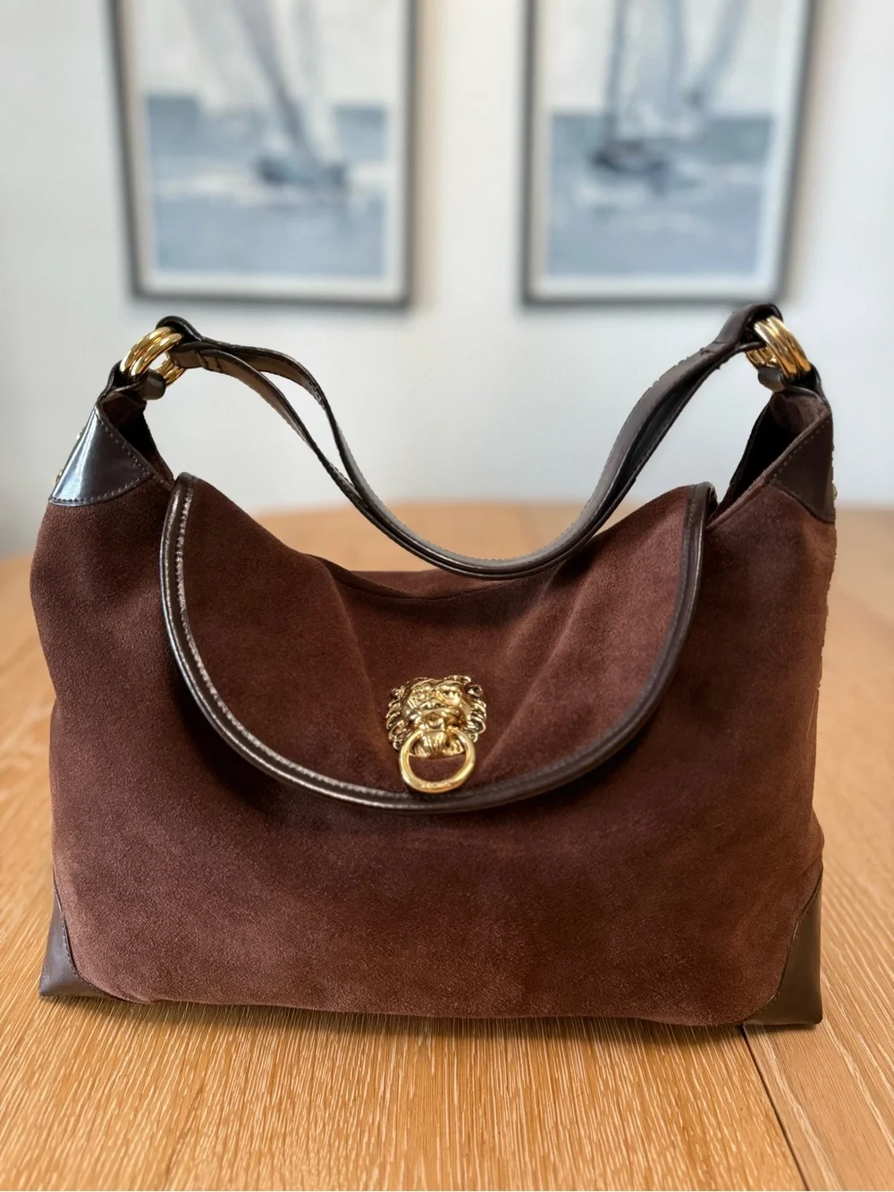 Vintage Lilly Pulitzer Chocolate Brown Suede Lion Head Hobo Shoulder Bag